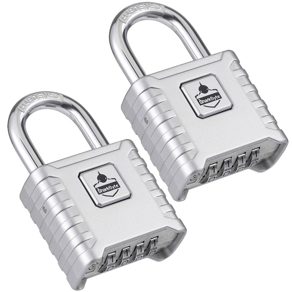 SharkByte 2 Pack Heavy Duty Combination Padlocks [Weatherproof] 52mm 4-Digit Outdoor Locks with 8mm Stainless Steel Shackles, Anti-Rust & Resettable Code Padlocks for Gate, Shed, Garage, Gym - Silver