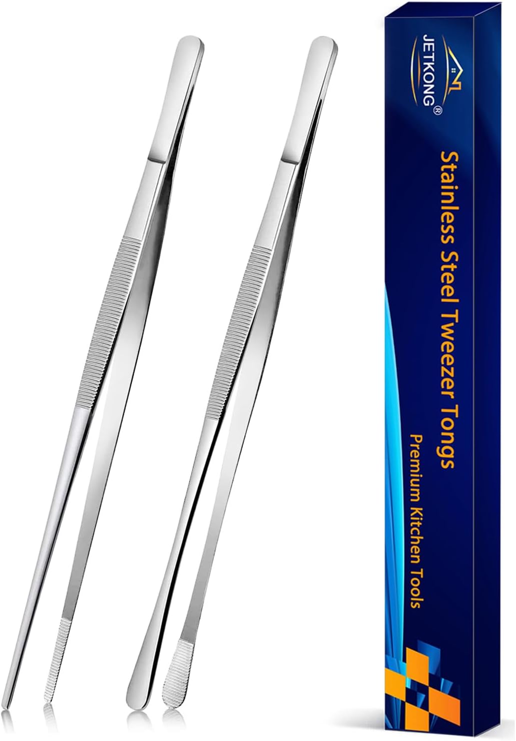 JETKONG 2 Pcs 10-Inch Cooking Tweezers Stainless Steel, Straight Food Tweezers, Professional Kitchen Forceps for Cooking Repairing and BBQ (Silver) 10+10inch Silver