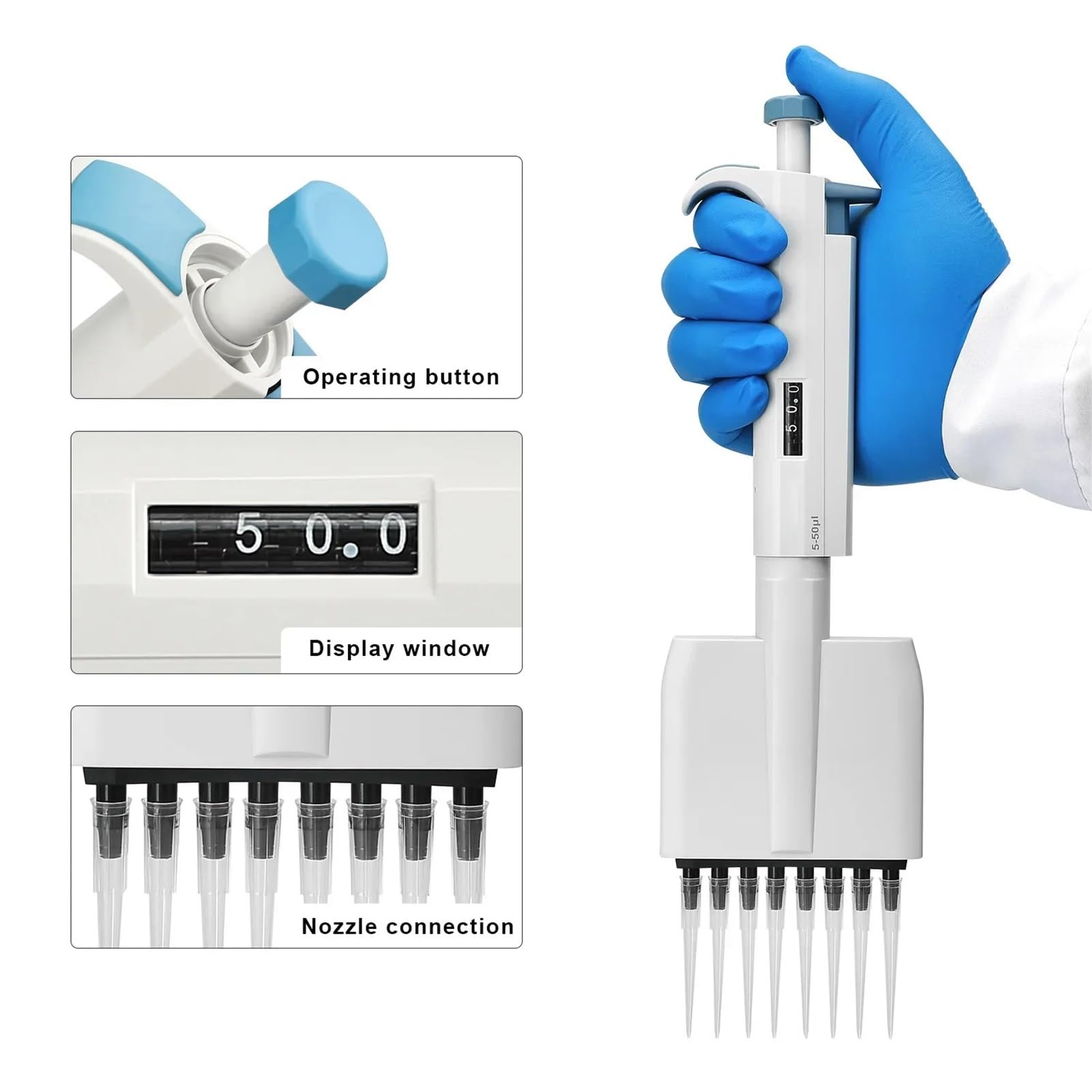 Pipetten Pipette, 8-Kanal-Labor-Mikropipette, Einstellbares Volumen, Autoklavfest, Manuell, Mechanisch,Labor(50-300ul)
