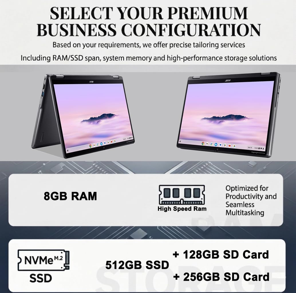 iCarp Customized Laptop Made with Acer Chromebook Plus Spin 514 2-in-1 Laptop 14" WUXGA Touch (100% sRGB) Intel 10-core i5-1334U 8GB RAM 640GB/768GB Storage (512GB SSD + 128GB/256GB SD Card) Google AI image 2