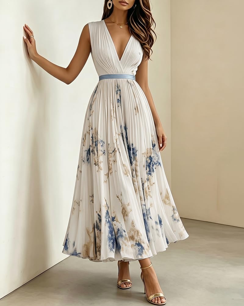 shownicer Vestito Donna Elegante Abito Cerimonia Vestito Lungo Stampa Floreale Senza Maniche Vestiti in Chiffon Estate