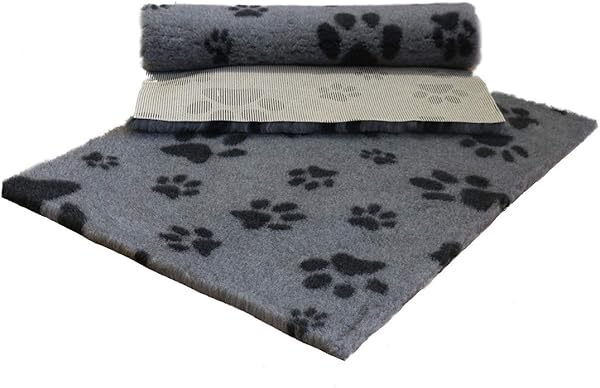 Vet Fleece Vet Fleece Bedding | Vet Bed Original Non-Slip | for Puppys and Dogs | Manufactured in our British Mill| 40" x 30" (1.00m x 0.75m) Grey with Charcoal Multi-Paws | Quick Drying | Washable | Dog Bed in use