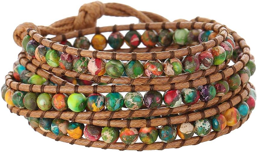 Plumiss Boho Natural Stone Wrap Bracelet, Handmade Gemstone 1-5 Wrap Adjustable Bracelet Jewelry for Women, Symbol of Transformation Daily Wear Gift