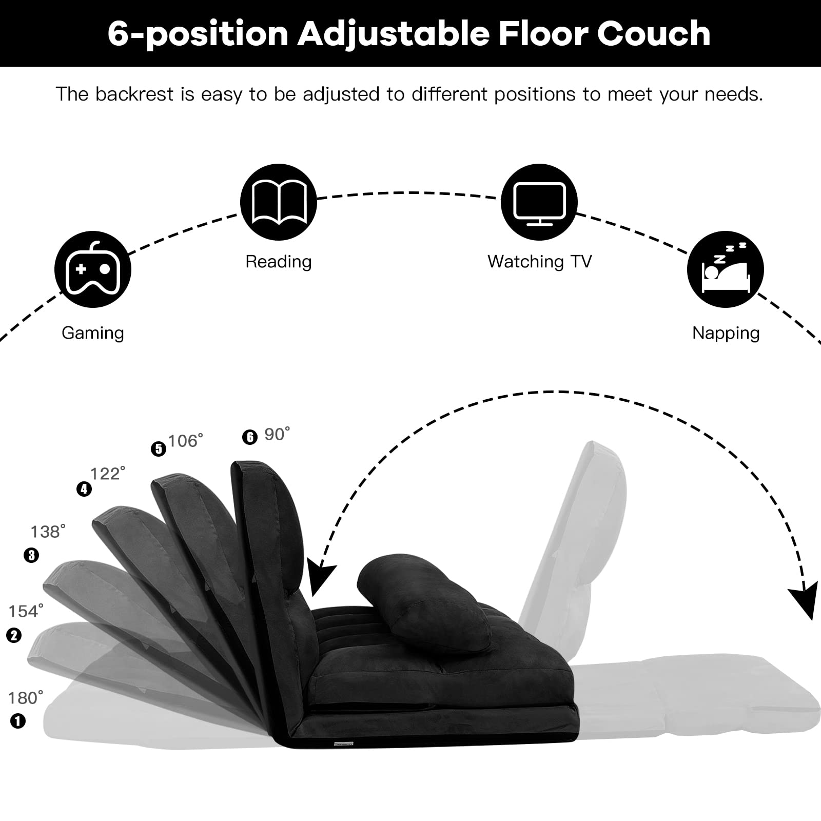COSTWAY Floor Sofa Couch with 2 Pillows, Foldable 6Position Adjustable