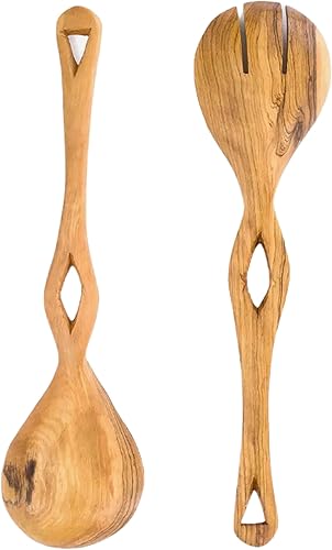 Miniatura 3 de Juego de utensilios de cocina de madera de olivo silvestre keniano tallada a mano con ojales de madera con acento de hueso, para ensaladas