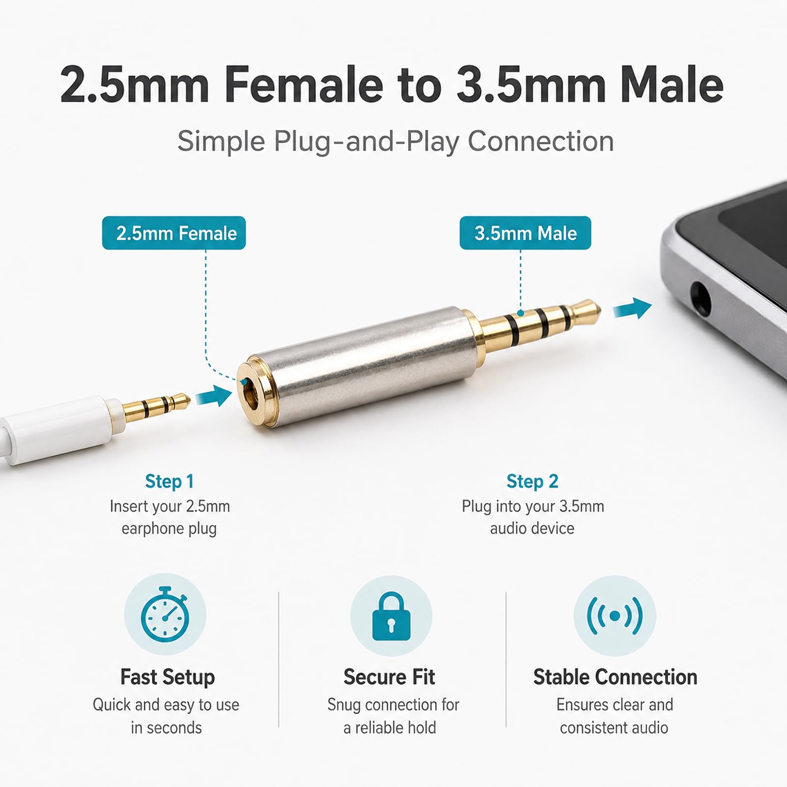 2 Stück Klinke Adapter, 3,5mm auf 2,5mm Adapter, Stecker Audioadapter, Gold überzogen, Vollmetall, Stereo-Kopfhörer mit MIC Unterstützung für Smartphones Tablets Computer MP3 Player Headset HiFi Sound