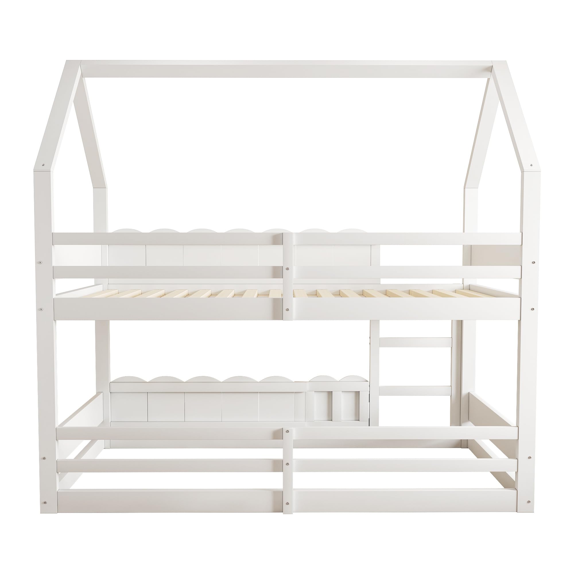 Kinder-Etagenbett 90 * 200 cm, Hausförmiges Design mit erhöhten Sicherheitsgeländern. Das Obere Bett verfügt über Einen Lattenrost. Geeignet für Jungen und Mädchen Weiß