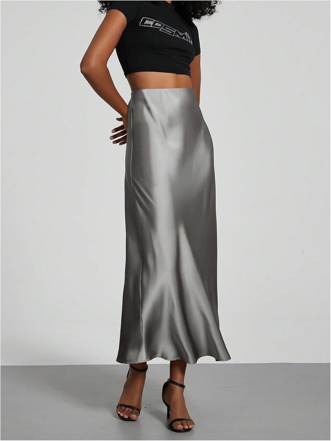 SOLY HUX Women's Elegant Satin Skirts High Waisted Flared Casual Work Office Fishtail Midi Skirt