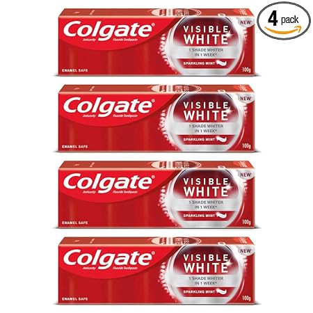 Colgate Visible White 400g (100g x 4, Pack of 4) Teeth Whitening Toothpaste with Whitening Accelerators for Tobacco Stain Removal, Colgate Toothpaste with Minty Flavor for Everyday Fresh Breath