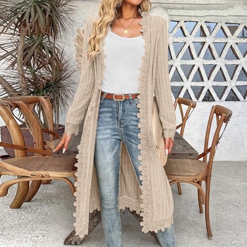 Womens Long Cardigan Sweaters Trendy Lace Embroidery Long Sleeve Open Front Cardigans Ribbed Knit Blouse Outerwear2