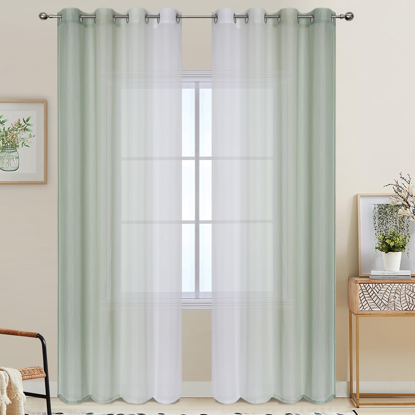 VEHEDE Ombre Window Voile Curtains for Bedroom 84 Inches Drop, Gradient Semi Sheer Curtain for Living Room with Eyelet, Sage and Greyish White, W52 x L84 Inch 2 Panels