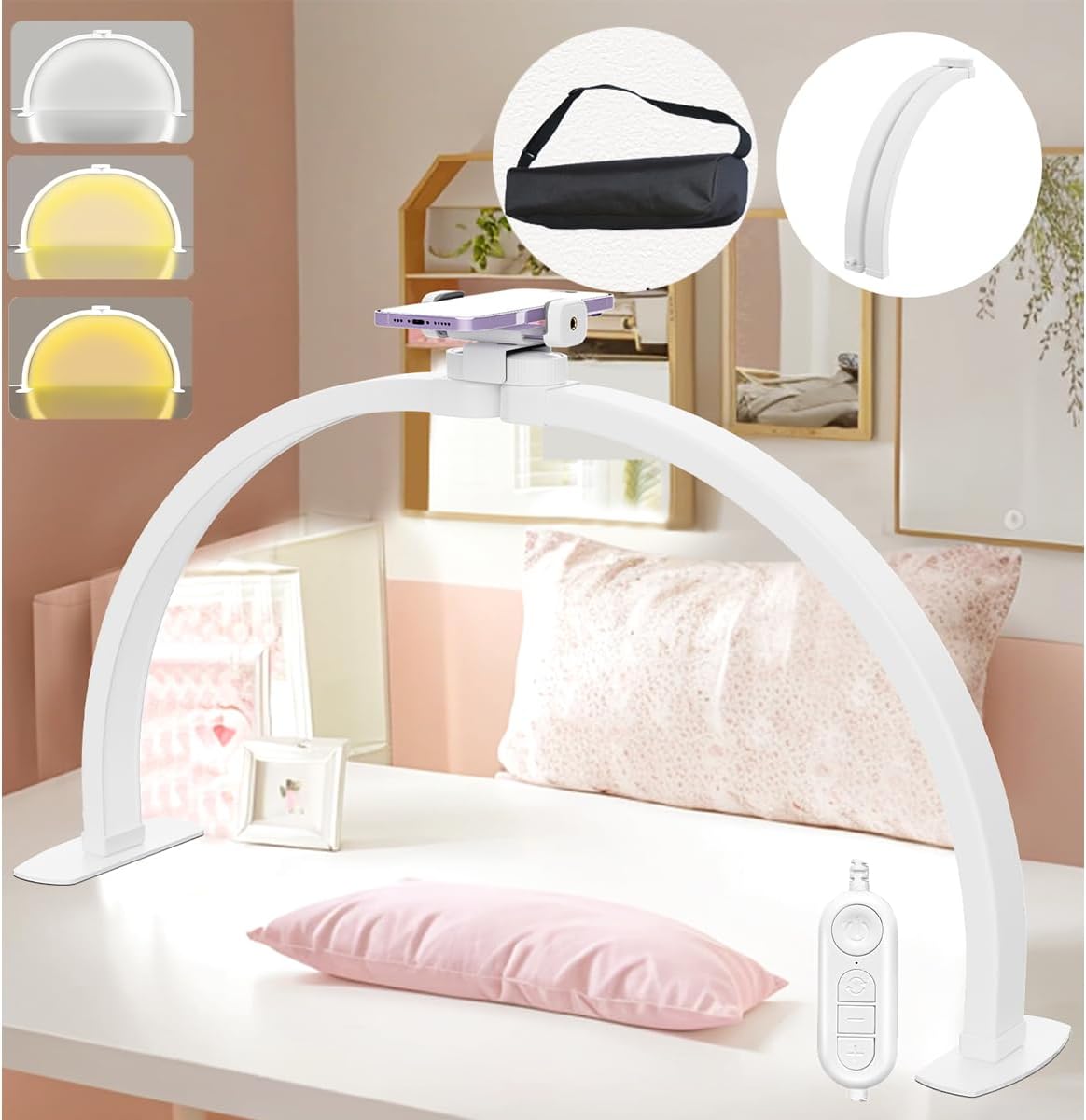 Half Moon Light for Nail Desk, 30In Large Foldable Nail Lamp for Desk with Phone Holder/Carrying Bag Professional Stable Moonlight 10 Brightness 3 Color Modes for Salon/Beauty/Eyelashes/Tattoos/Crafts