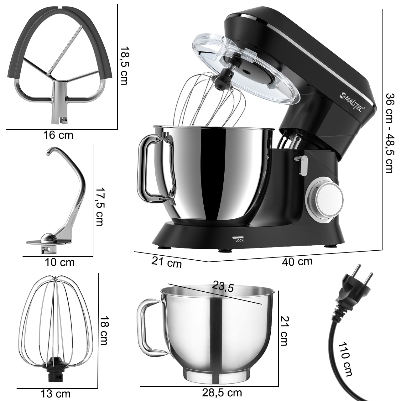 MalTec Planet MaltecChef Robot kuchenny 2200 W, hak do mieszania, hak do ugniatania, trzepacz, ochrona przed pryskaniem, 6 prędkości, 4 funkcje, czarny robot kuchenny, 6 l