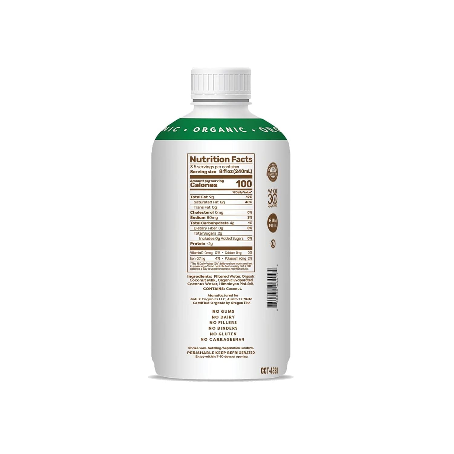 MALK Organic Unsweetened Coconut Milk, 28 FZ