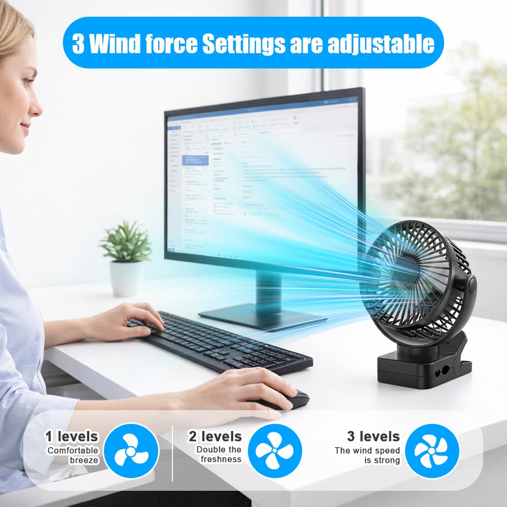 Ventilatore da campeggio, 12000 mAh, mini ventilatore USB, silenzioso, con telecomando e funzione timer, 3 velocità, rotazione a 360°, con luce a LED e ganci, per ufficio, casa, auto, camper