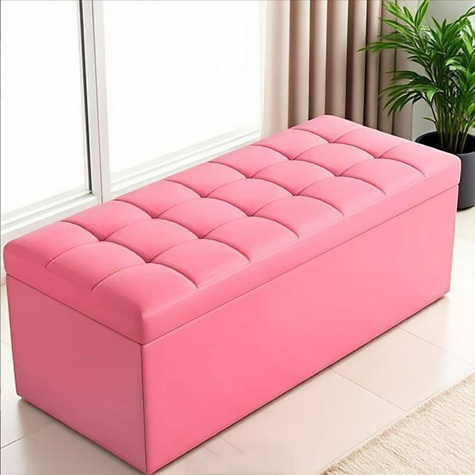 KLGFBDC Pink Faux Leather Storage Ottoman Bench Tufted Upholstered End of Bed Footrest Stool Entryway Shoe Bench Living Room Sofa Seat Supports 660 Lbs (31x16x16 in)