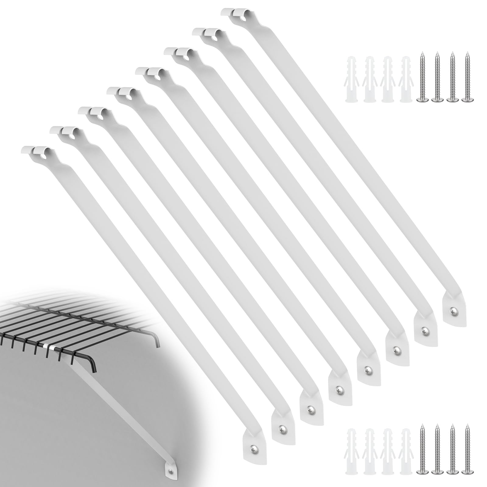 8 staffe per mensole in filo metallico da 30,5 cm, staffe di supporto per armadi in metallo bianco per scaffalature (viti e tasselli inclusi)