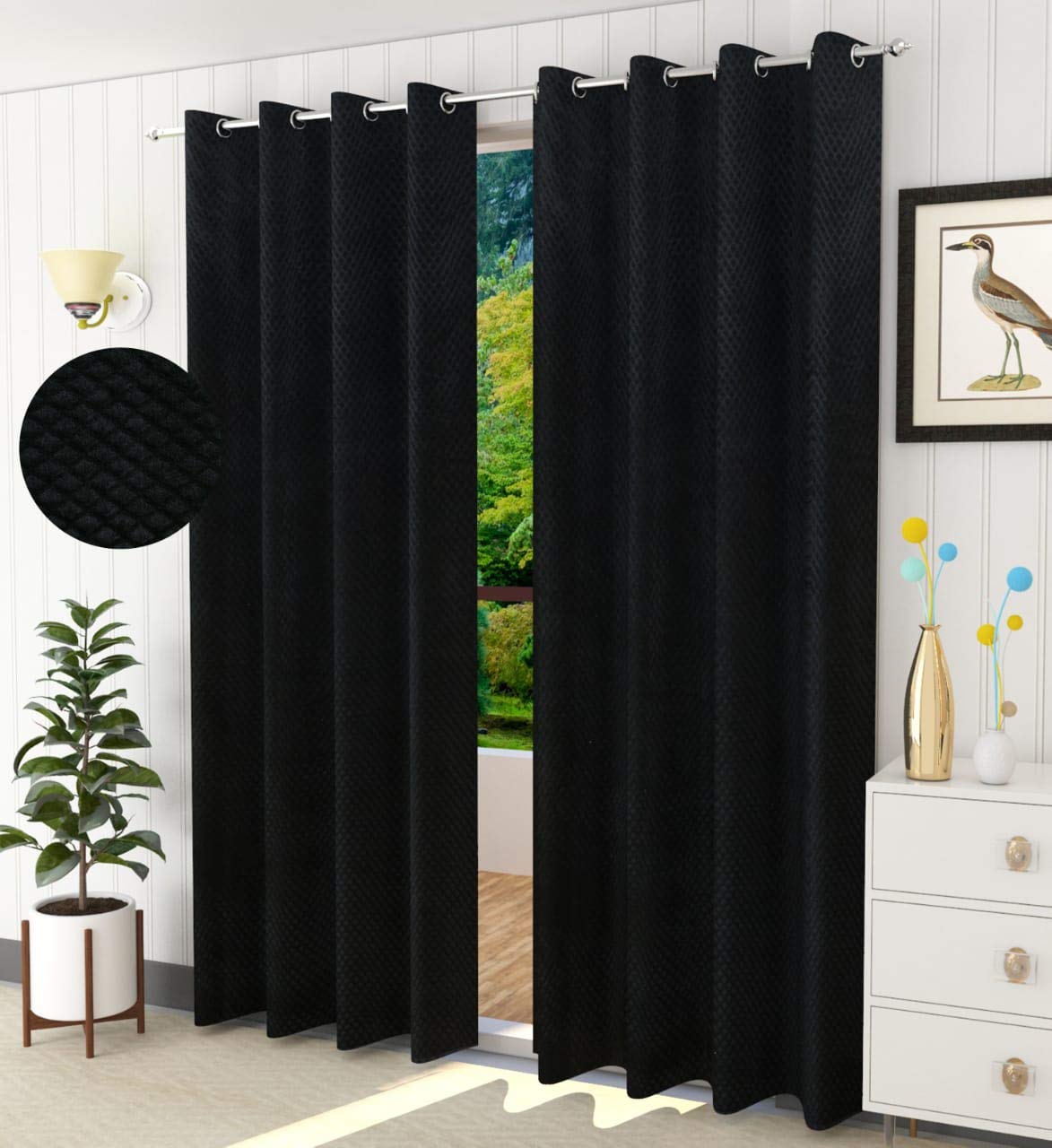 Velvet Designed Darkening Blackout Curtain (Black) (5 Ft)