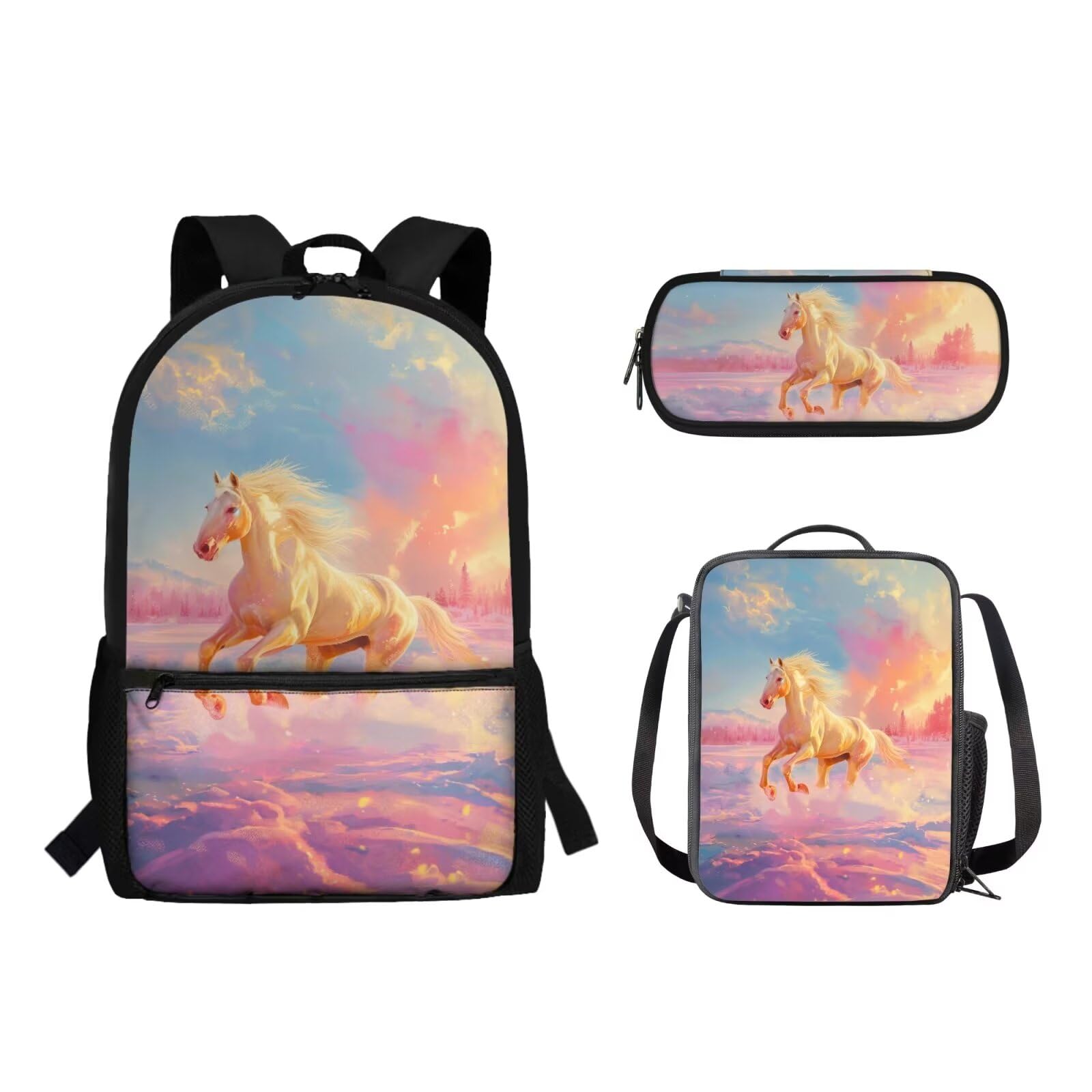 Pzuqiu Afterglow Horse School Backpack 3PCS Set for Teens Kids Large Capacity Backpack with Matching Lunch Bag & Pencil Case Back to School Backpacks