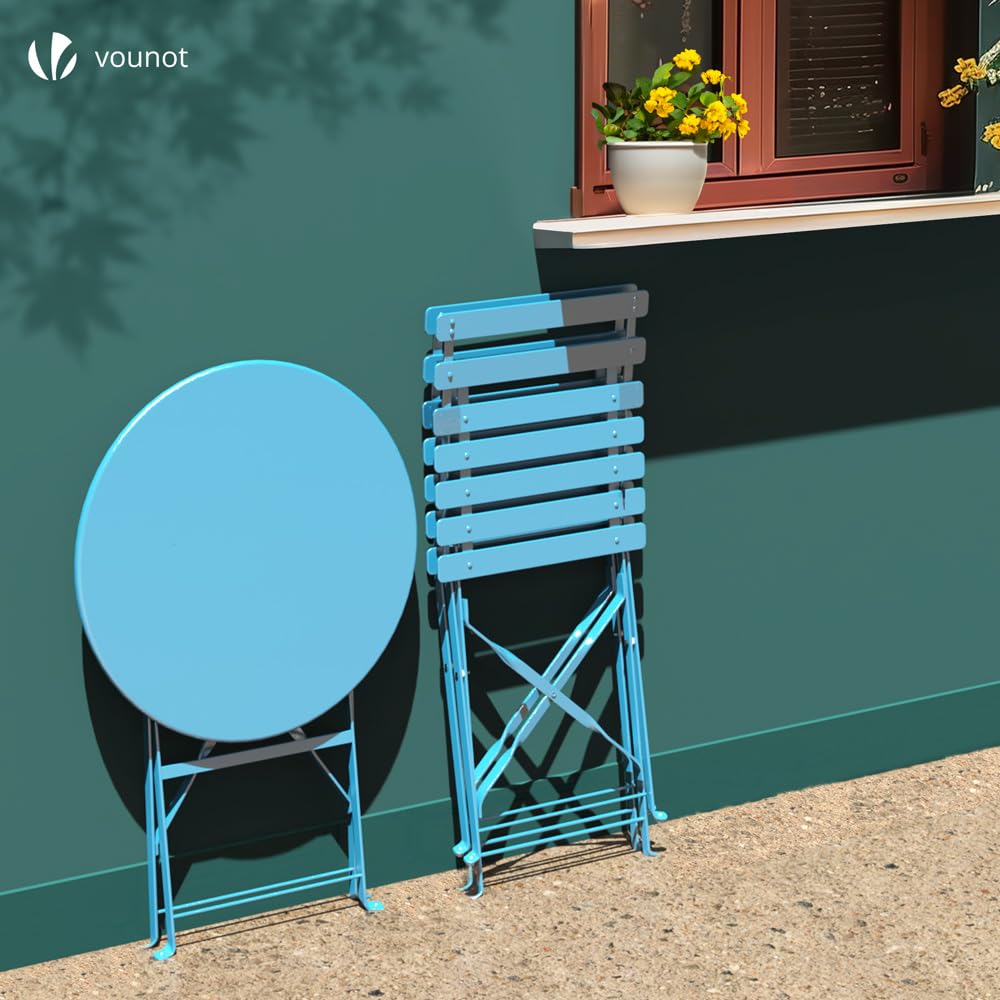 VOUNOT® Conjunto de Muebles de Jardín Plegable 3 Piezas, Set de Bistro con Marco de Acero Resistente y Respaldo, Juego de 1 Mesa Redonda y 2 Sillas Terraza, para Balcón, Jardín, Patio, Exterior, Azul