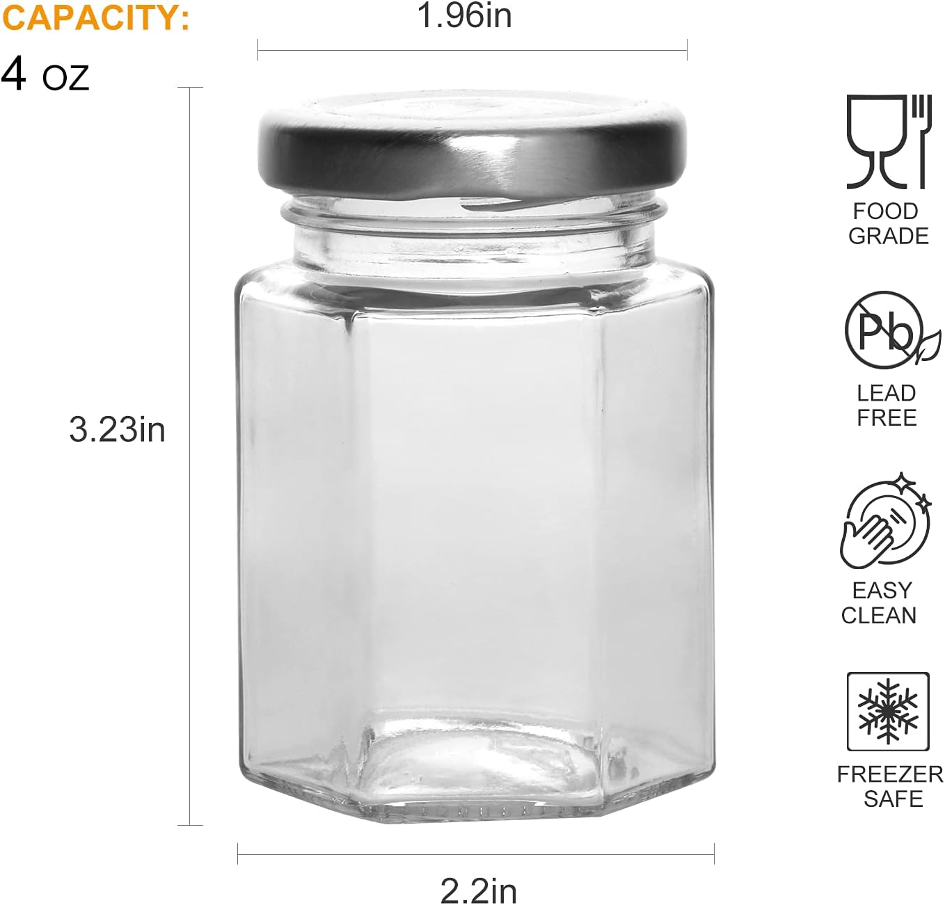 Accguan Hexagon Glass Jars, 30 Pcs 4 oz Glass Jars with Silver Lids, Mason Jars for Jam, Jelly, Honey, Gifts, Crafts, Wedding, Spice, Dry Goods and More 4oz-30pack
