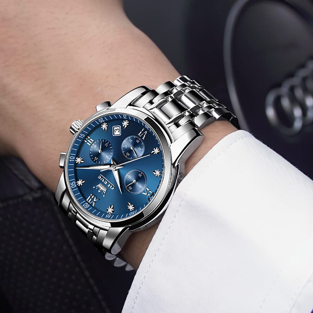 OLEVS Hommes en Acier Inoxydable Chronographe Doré Argent Analogique Quartz Grand Cadran Diamant Montre De Luxe éTanche Date Cadran NuméRique Romain