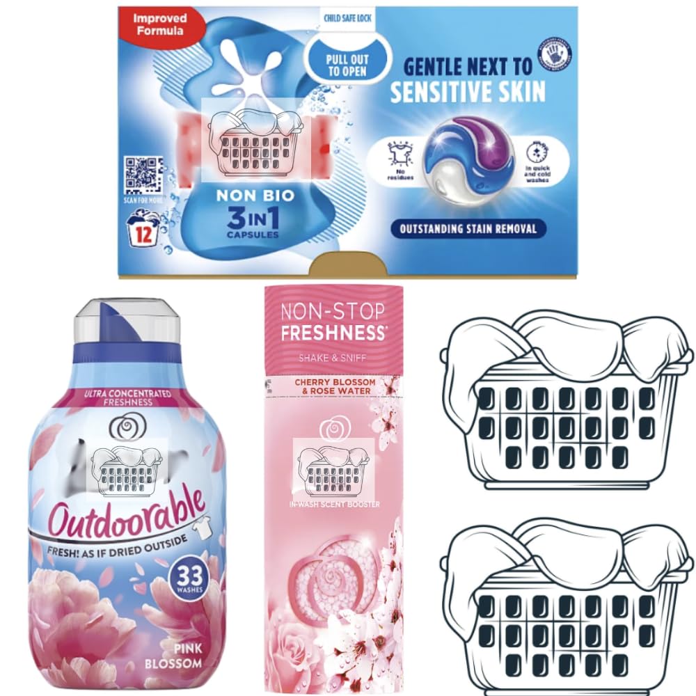 Laundry set packed by Black Nore Gifts containing Non Bio 3 in 1 Laundry Capsules (12 pack) + Outdoorable Pink Blossom Fabric Conditioner (462ml) + Scent Booster Cherry Blossom & Rose Water (176g)