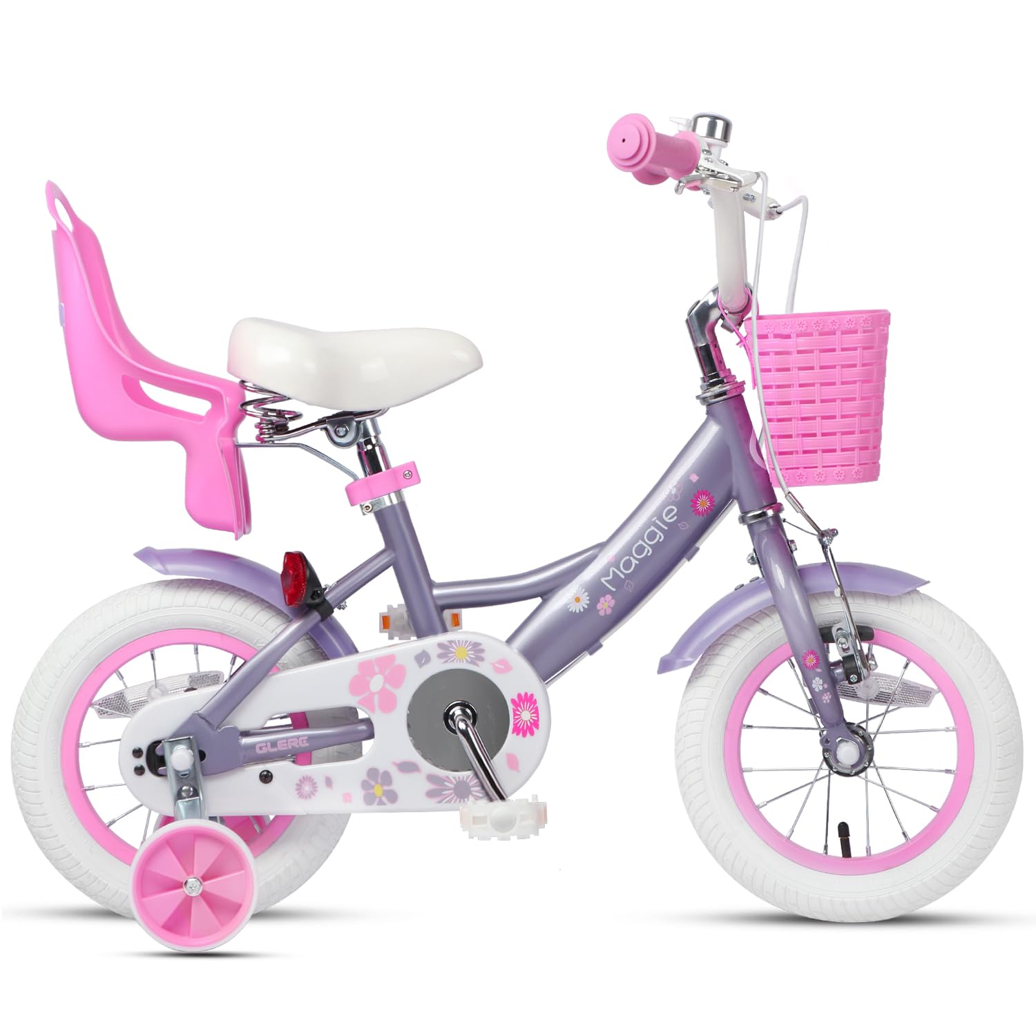 Glerc Maggie 12 14 16 20 Pouces vélo pour Enfants pour Les Filles de 2 à 13 Ans, vélo de Style Princesse pour Tout - Petits avec siège de poupée, Panier, stabilisateur et Support, Plusieurs Couleurs