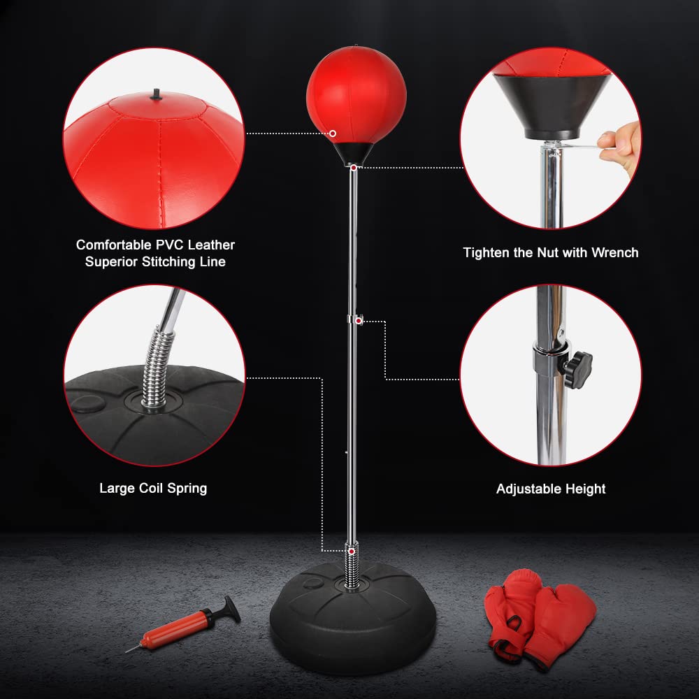 Dripex Fitness Boxsack Punchingball Set Boxtraining Höhenverstellbarer Standbox Speed-Ball Standboxball mit Boxhandschuhen (Rot)