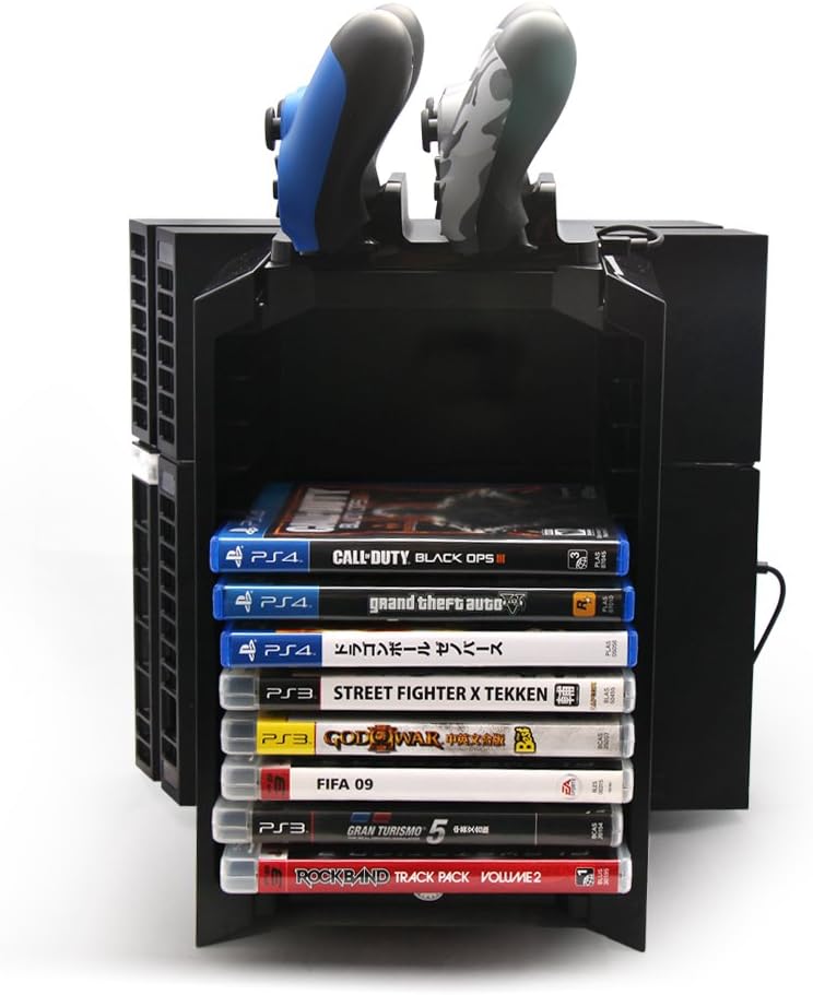 3 in 1 Multifunctional Spare Parts Accessories Kit Video Games Disc Storage Tower and Console Stand with Dual DualShock 4 Controllers Charger Station for PS4 / PS4 Slim / PS4 Pro (Playstation 4,Black)