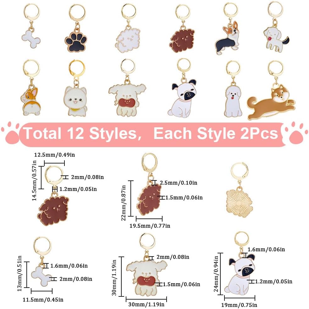 SUNNYCLUE 1 Box 24Pcs Stitch Markers Crochet Stitch Marker Cute Enamel Dog Charms Knitting Stitch Clip On Removable Leverbacks Zipper Pull Charm Locking Knitting Markers for Yarns DIY Sewing Quilting