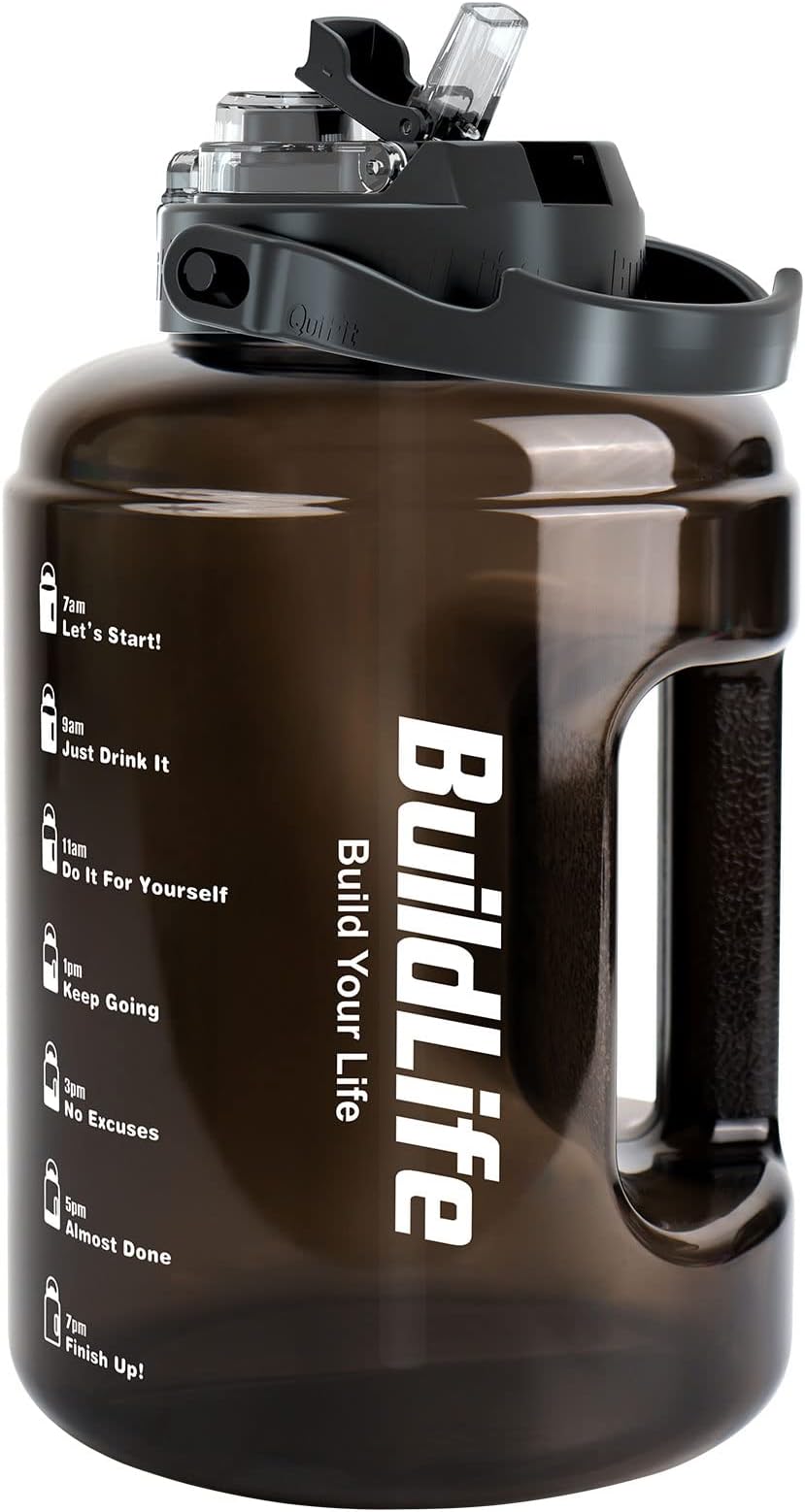 BuildLife Water Bottles with Straw & Flip Cap 2 in 1 Lid - Large Water Bottle with Time Markings BPA Free Leak Proof Wide Mouth Drinks Bottle,2.5 Litre Durable Sports Water Bottle (Black)