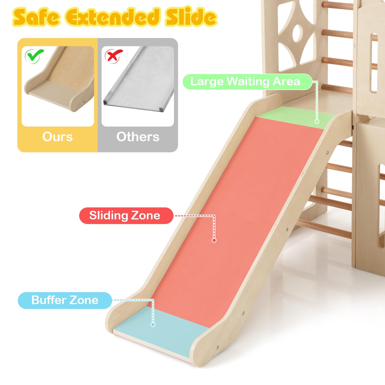 HOMASIS 8 in 1 Klettergerüst Indoor, Holz Kinderrutsche mit Tafel Kletterleiter Tunnel Stauraum, Spielplatz im Burgform, Babyrutsche Rutschenset für Kinder ab 3 Jahren,142x124,5x100cm (Naturfarbe)