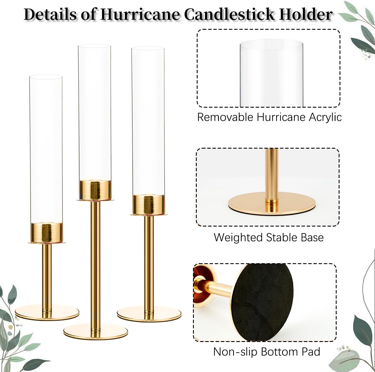 Hurricane Acrylic Candle Holders,Gold Candlestick Holders with Acrylic Lampshade,6pcs Candle Holders for candlesticks 14”16”18”for Wedding Table Centerpiece,Birthday Party,Housewarming Gift