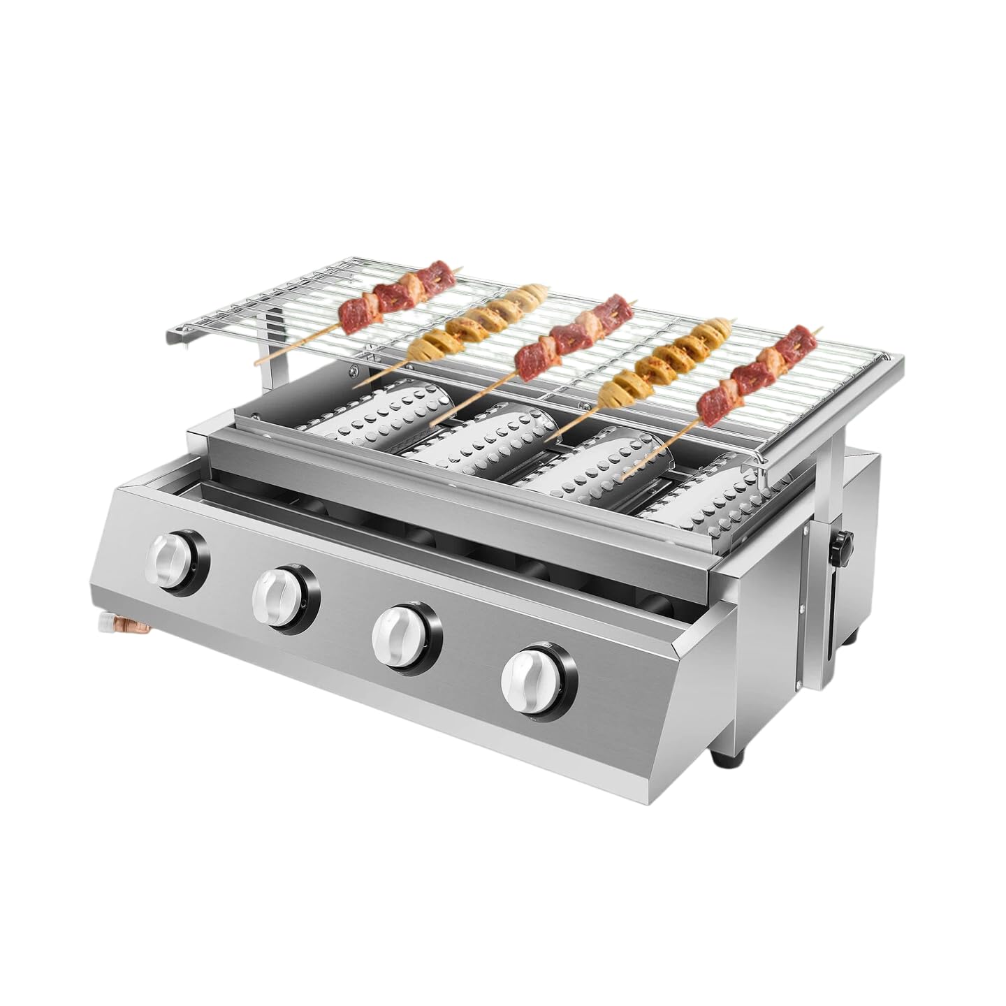Grill gazowy ze stali nierdzewnej, 4 palniki, 4 palniki, przenośny grill gastronomiczny z regulacją wysokości, 2800 Pa, grill gazowy na kemping, balkon, do ogrodu, 57 x 39 x 17,5 cm