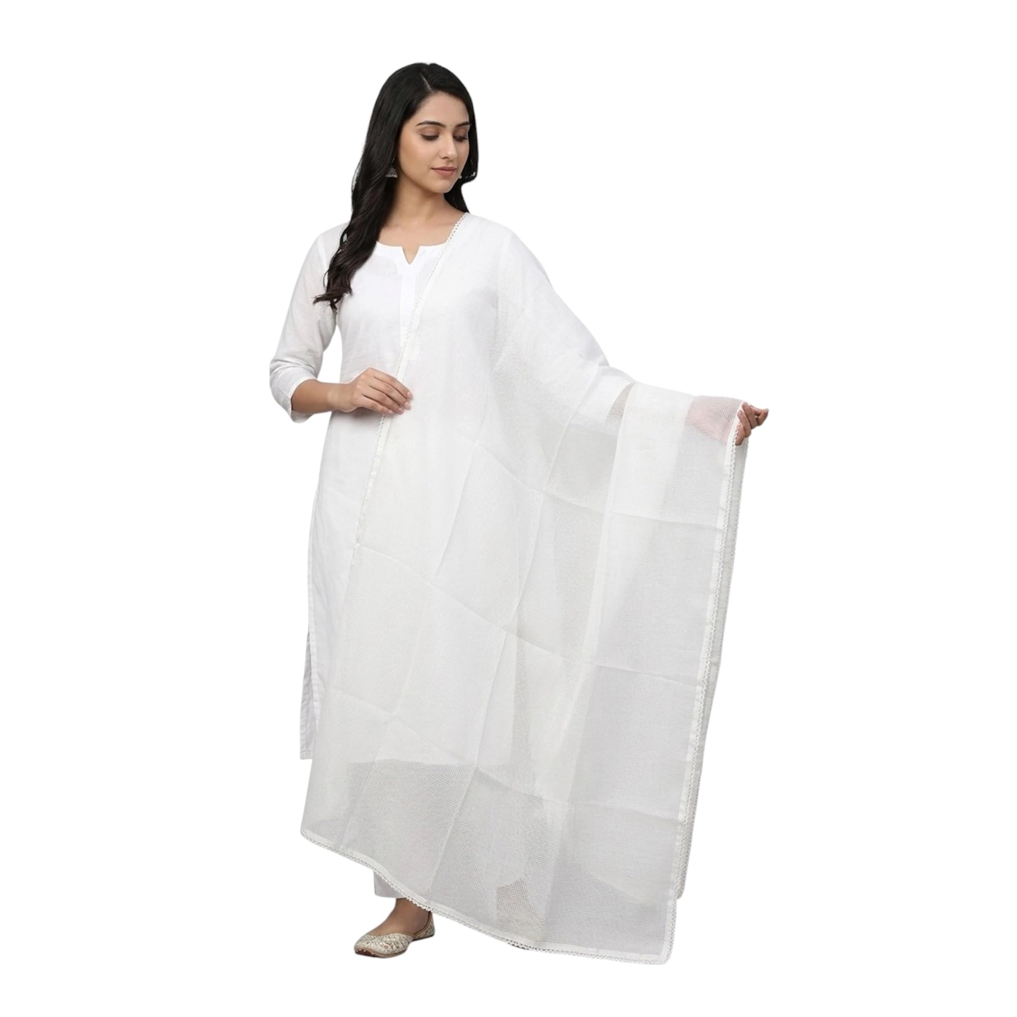 Pure White Kota Doria Cotton Dupatta with Crochet Lace Border Best Gift for Girlfriend wife and mother-image-48