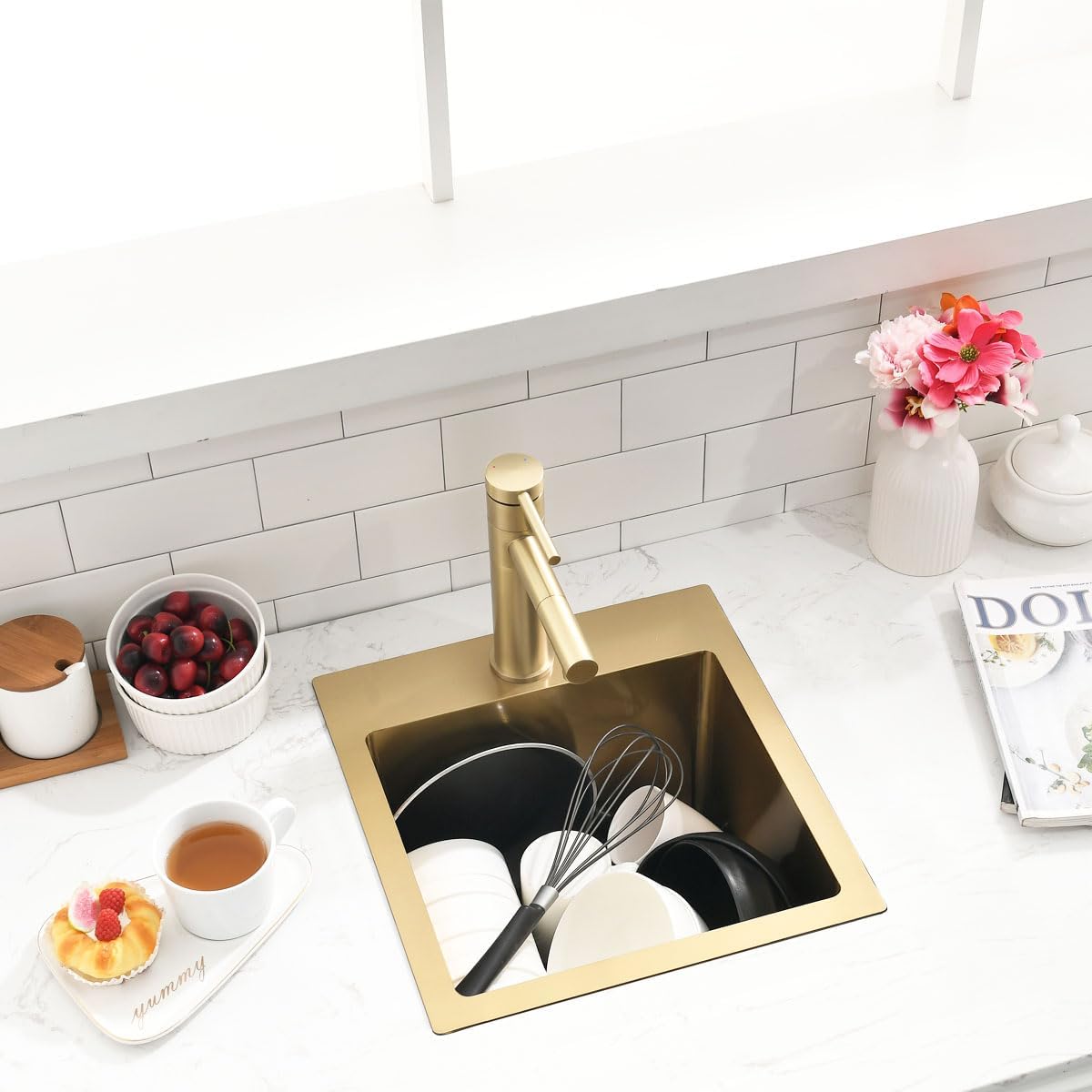 13 Inch Drop In Bar Sink Gold with Faucet Combo - SZBAQTM 13"x15"x10" Golden Topmount Sinks 18 Gauge T304 Single Bowl Kitchen Sink with Pull-Out Faucet
