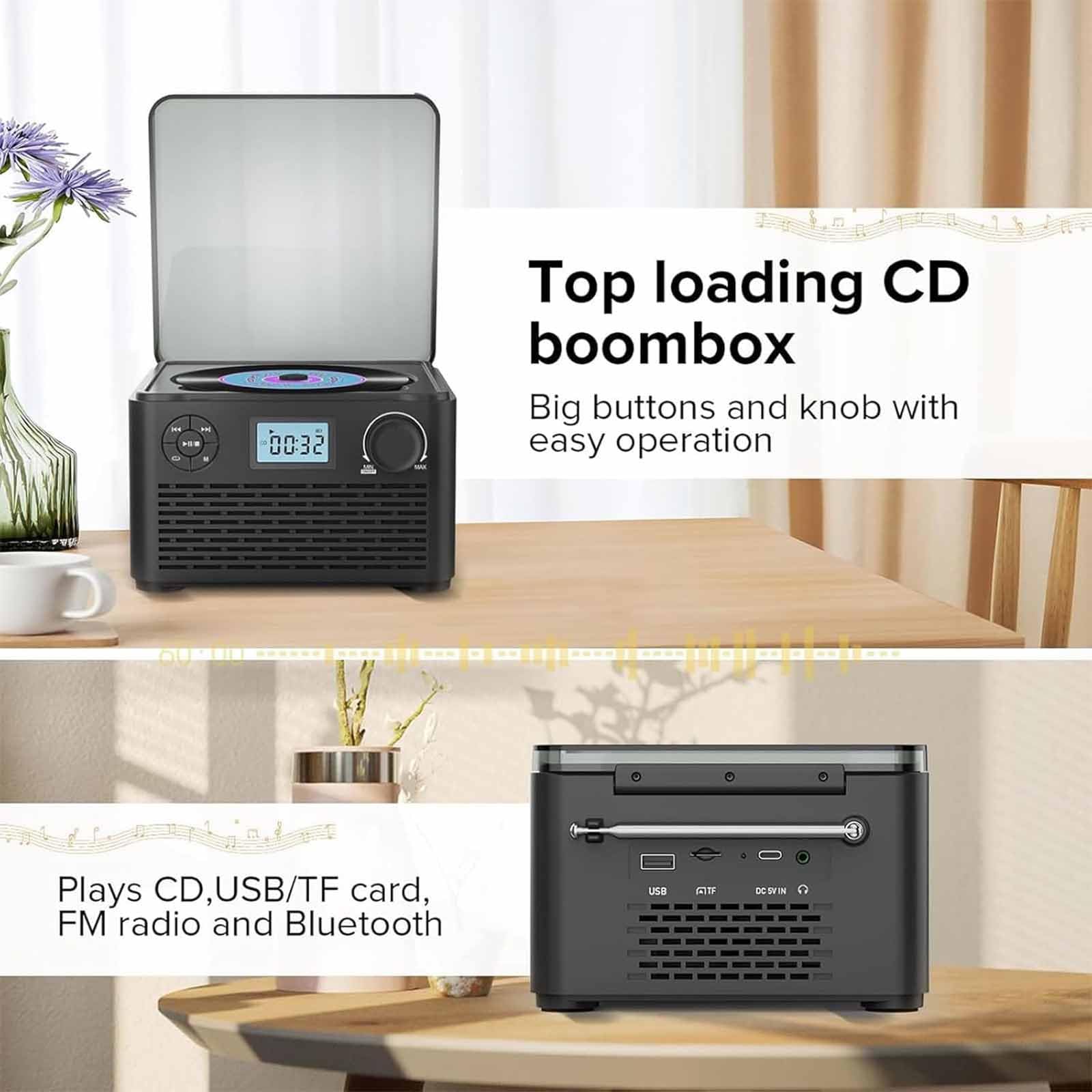 Giradischi in vinile con radio FM e altoparlanti, lettore CD portatile, USB e MP3, compatibile per interni ed esterni