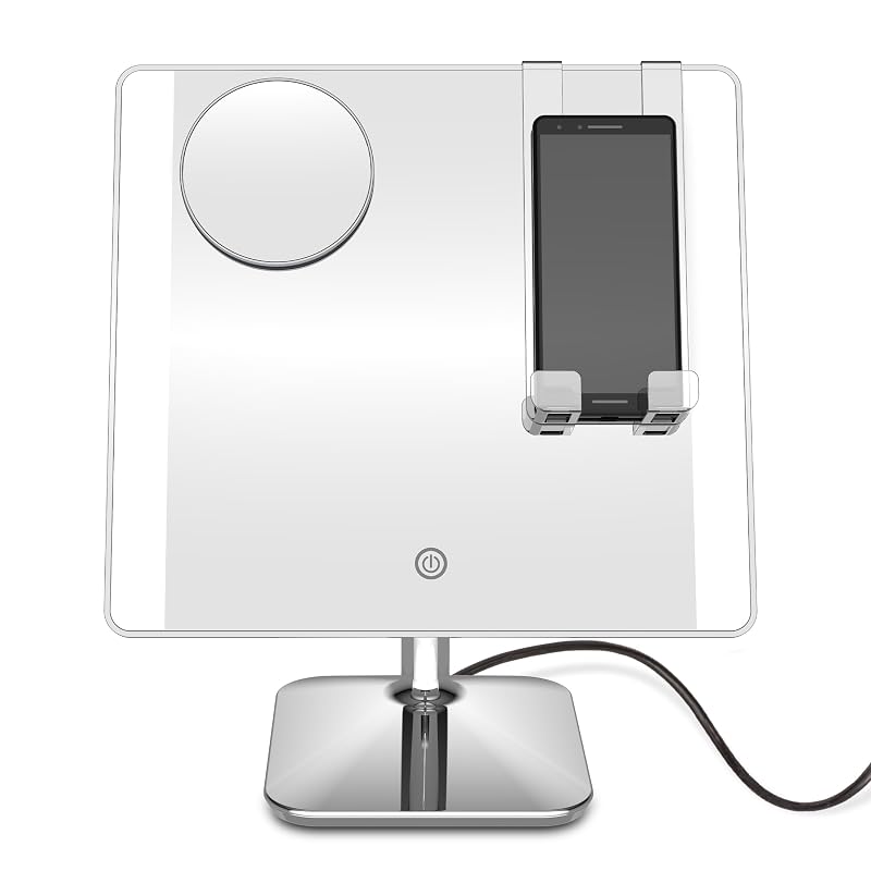Espelho para maquiagem Conair com iluminação LED, ampliação 1X/10X, suporte para celular e acabamento cromado polido