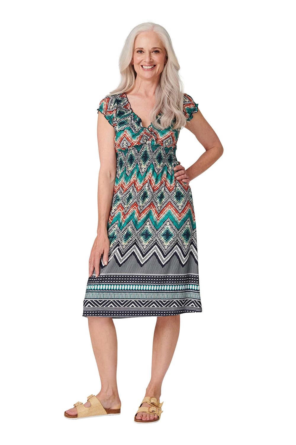 Izabel London Aztec Print Smocked Detail Dress for Women UK with v-Neck, Short Cap Sleeves and midi Length Hem.