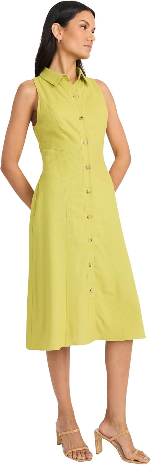 Maggy London Women's Women's Sleeveless Button Down Linen Midi Dress - Elegant A-line Business Casual Dress