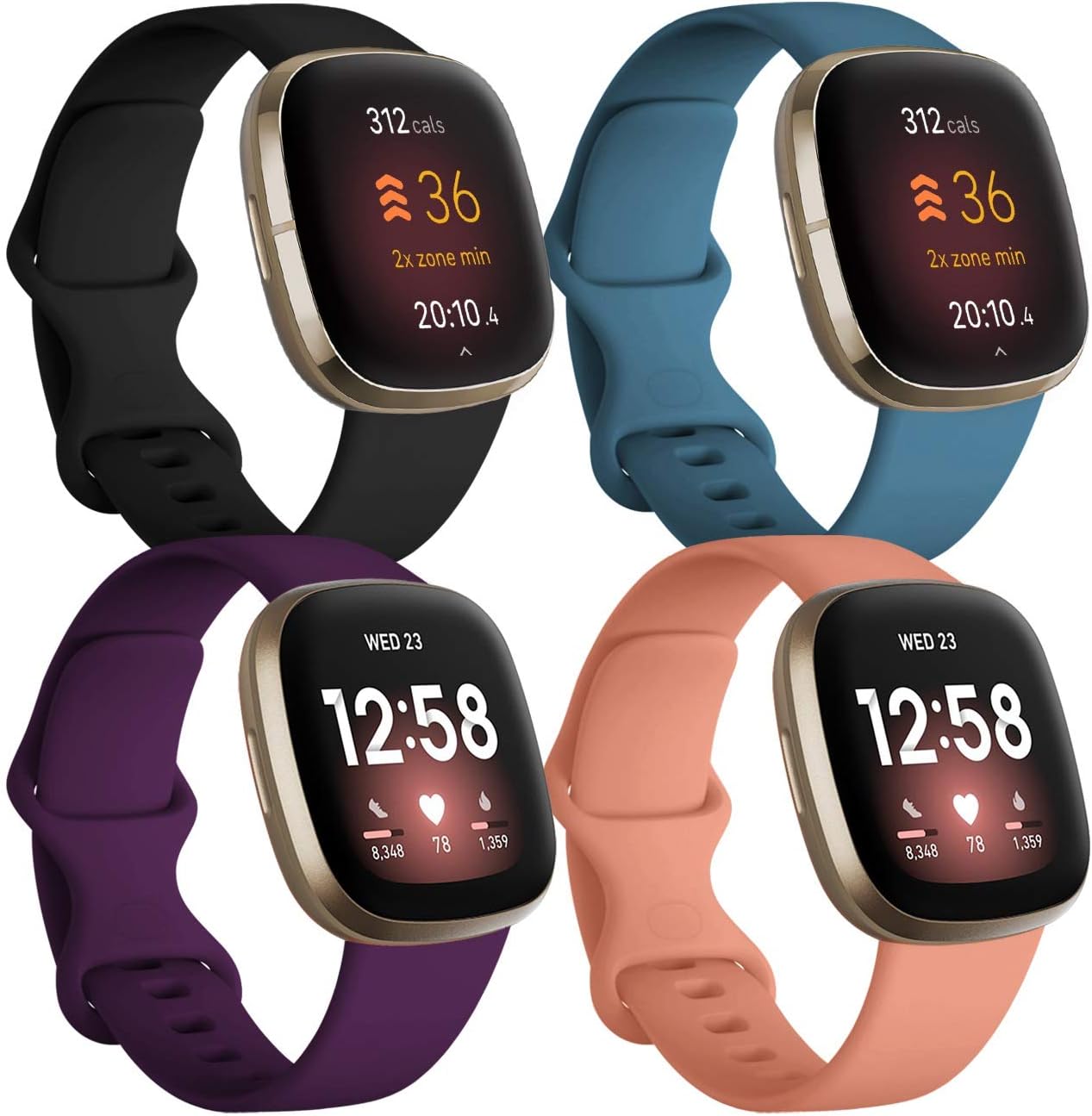 JUVEL Pack 4 Straps Compatible with Fitbit Versa 3 Strap/Fitbit Versa 4/Fitbit Sense/Sense 2 Strap, Soft Sport Silicone Replacement Wristbands, Women Men, Large Small