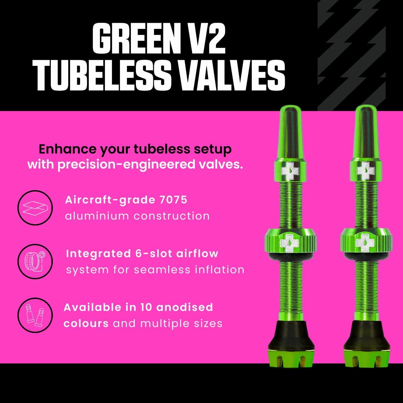 Muc-Off Tubeless Valves V2 – 44mm Green | 4X 7075 Aircraft-Grade Aluminium Presta Valves with Core Removal Tool | 44mm / 60mm / 80mm - 10 Anodised Color Options | Fits MTB, Gravel & Road