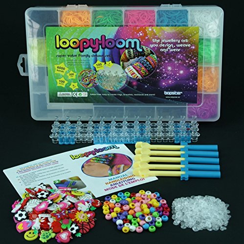 Bopster Europe Ltd Loopy Loom 6000 Bandas Deluxe Box Set Pulsera Que Hace el Kit con 100 encantos Incluye 1 Telar, 6 Mini Loom Hooks, 300 C Clips, 100 Perlas