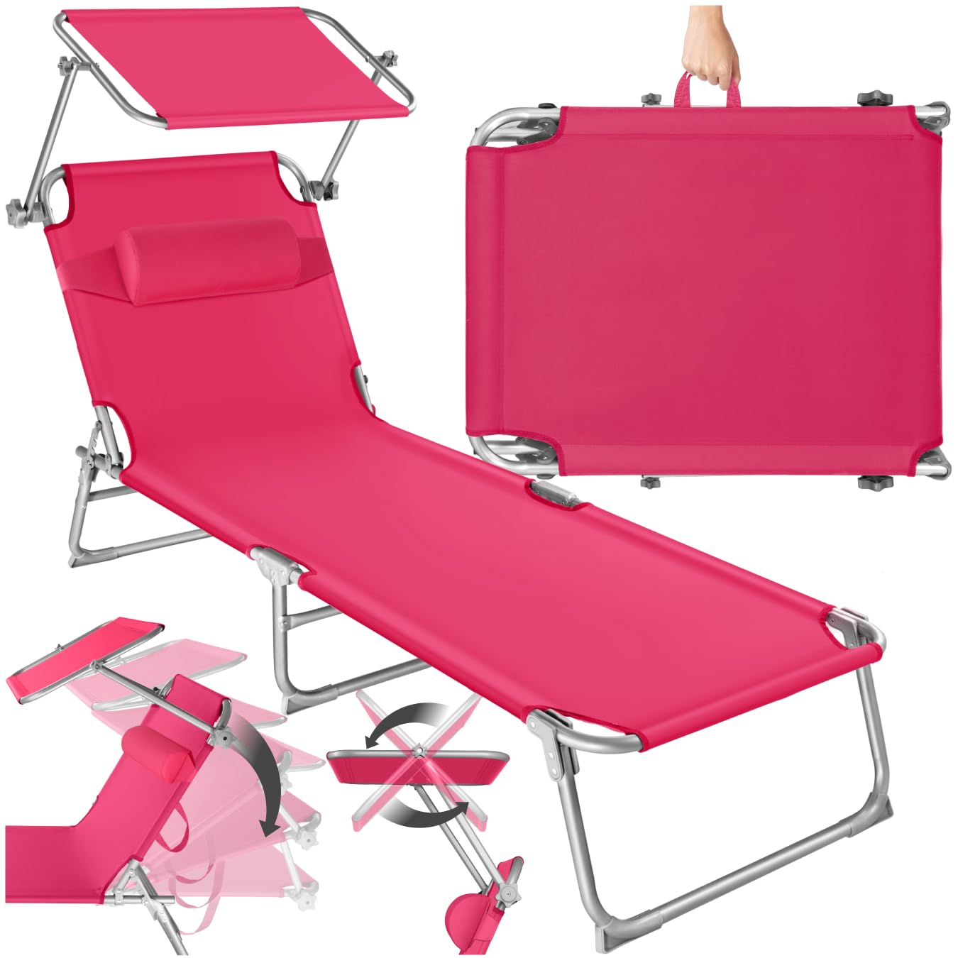 tectake® Sonnenliege mit Dach, Strandliege klappbar, leichte Gartenliege, Outdoor Liegestuhl mit Verstellbarer Rückenlehne, inkl. Kopfkissen - ideal für Balkon, Terrasse, Camping, Strand - pink