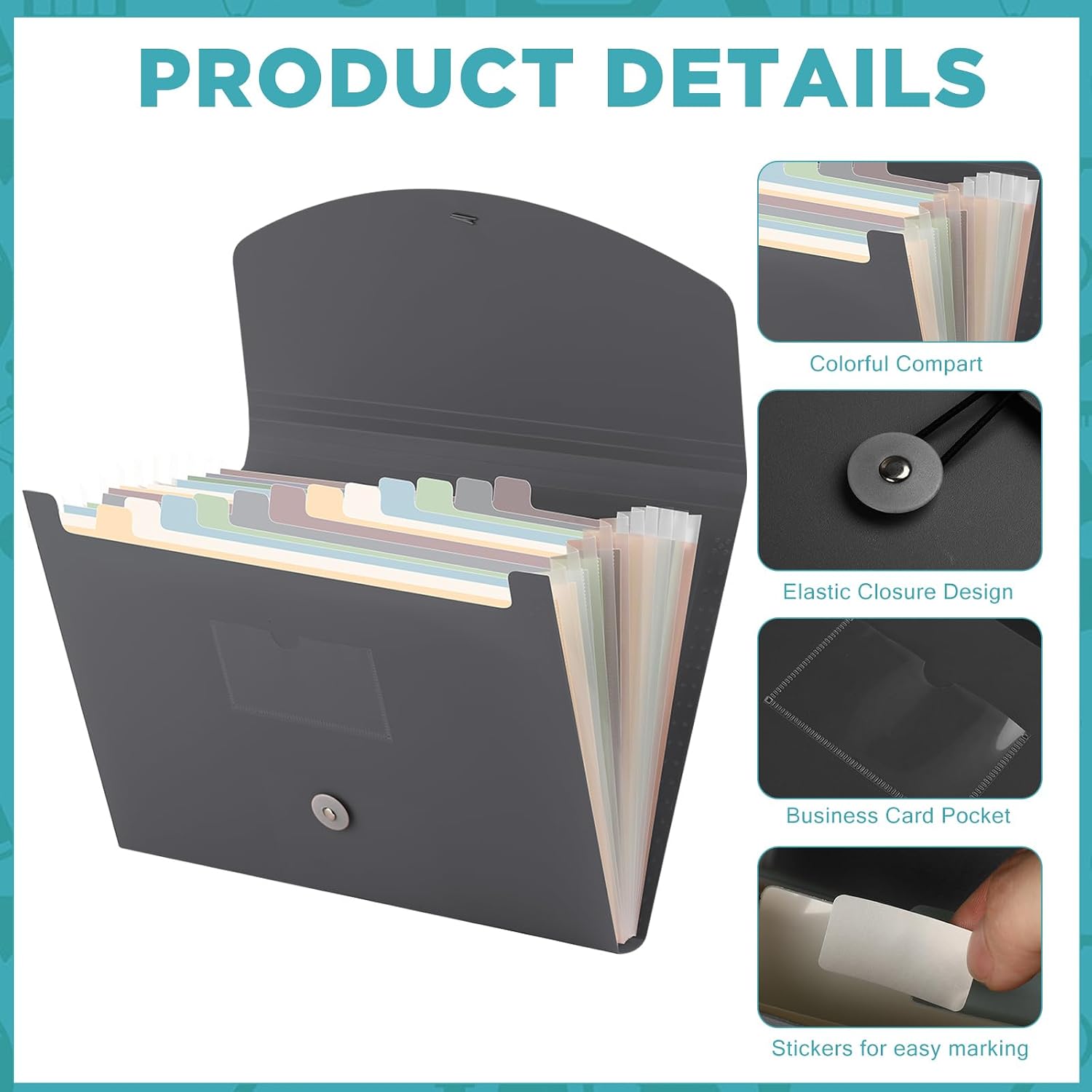 Cholemy Expanding File Folder 13 Pockets File Organizer with Labels A4 Letter Size Receipt Document Organizer Plastic Expandable Filing Folders for Office, Home(Gray)