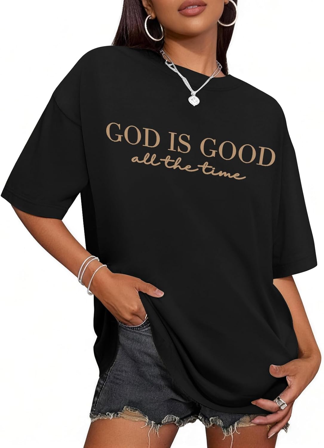 God is Good Christian T-Shirt for Women Oversized Floral Print Bible Verse Graphic Tee Religious Casual Top - Image 2