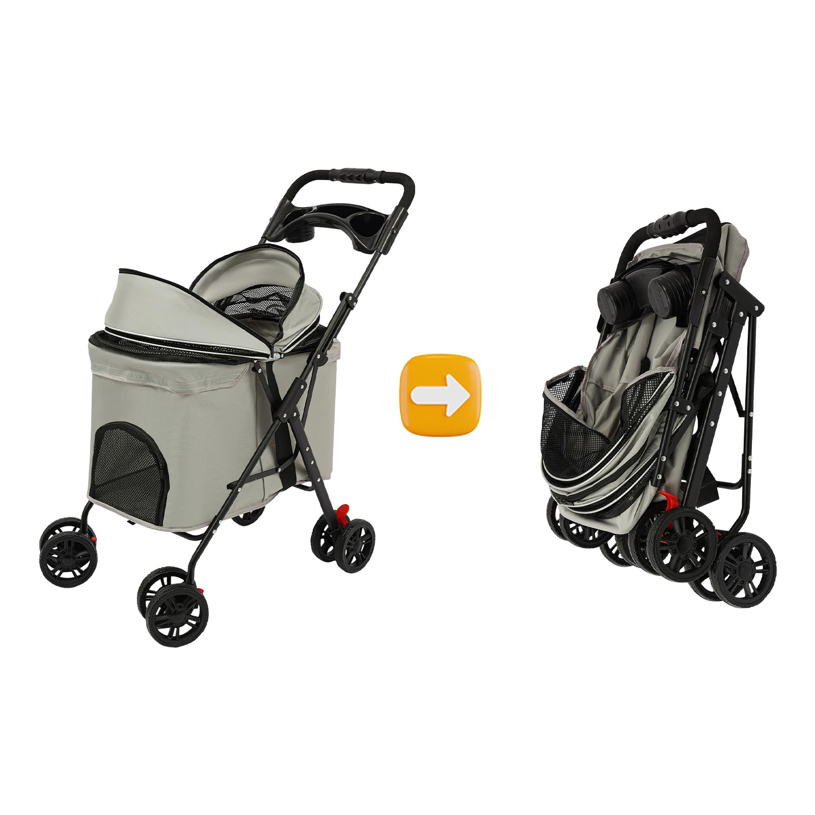 Passeggino pieghevole per cani e gatti fino a 12.5kg,Passeggino per animali domestici con 360° ruote,doppio freno posteriore,Carrello per cani con portabibite e doppie fibbie di sicurezza,grigio