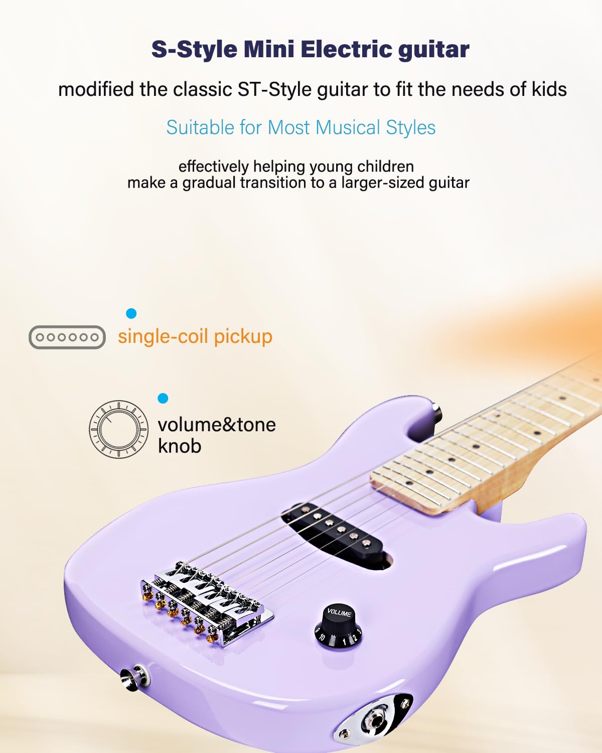Winzz Kit per chitarra elettrica per bambini da 76,2 cm, mini chitarra elettrica per principianti con amplificatore, custodia, corde extra, plettri, cinghia, cavo e chiave, viola speciale
