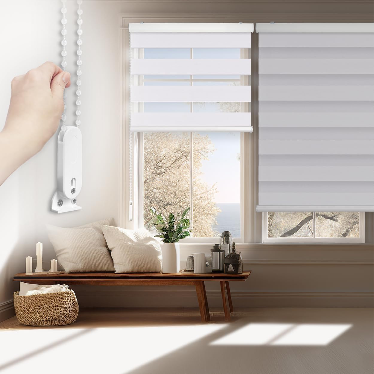 FOIRESOFT Custom Blackout Zebra Roller Blinds [Bonita, Silver White, W 10-109 x H 10-105 inch] Dual Layer Privacy Shade, Room Darkening, Select 1x1 for Custom